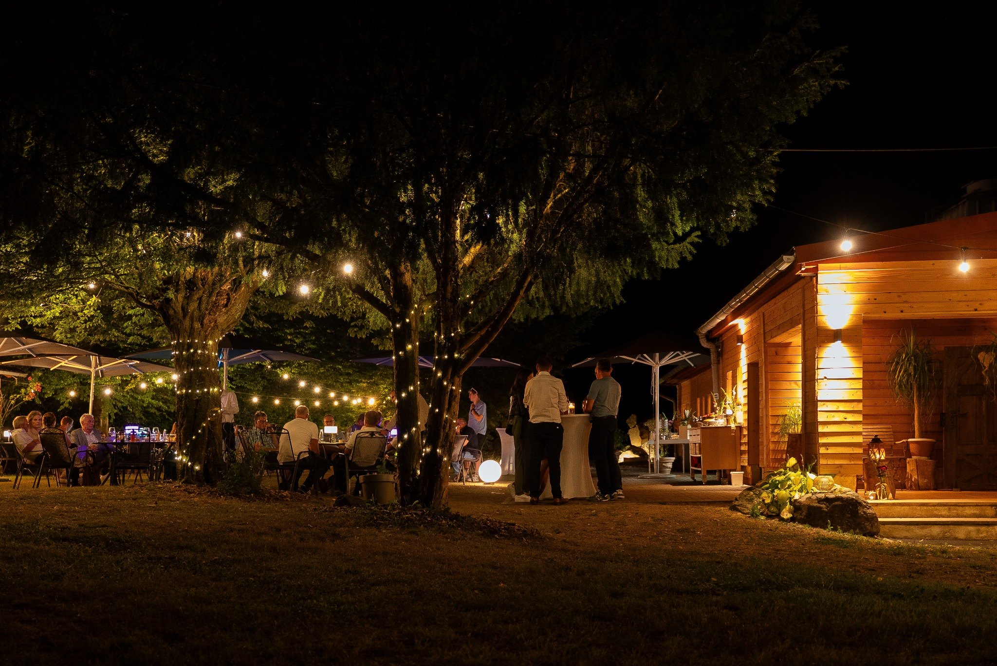 Beleuchteter Garten und Holzfassade am Abend
