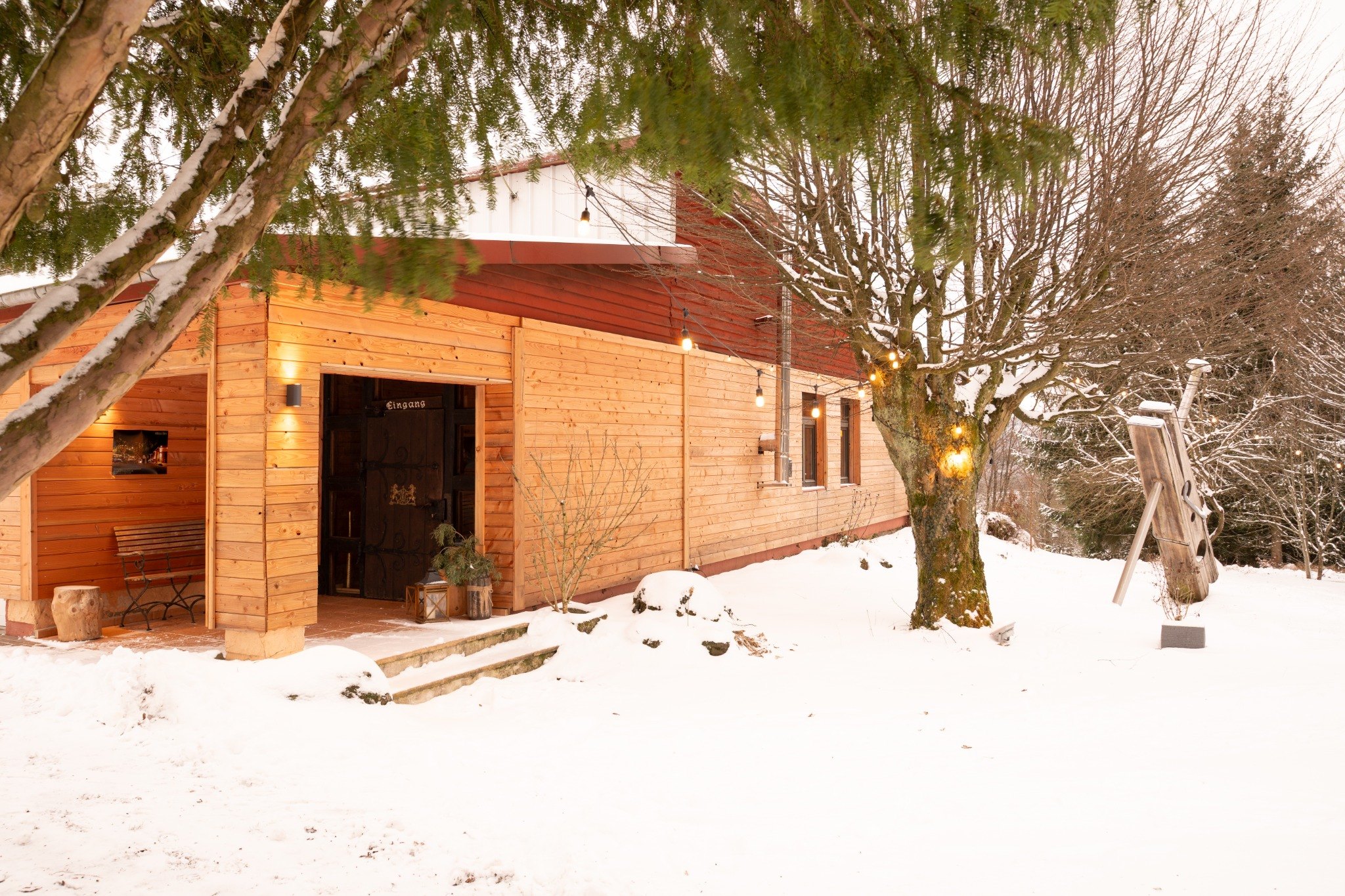 Holzfassade und Eingang im Schnee